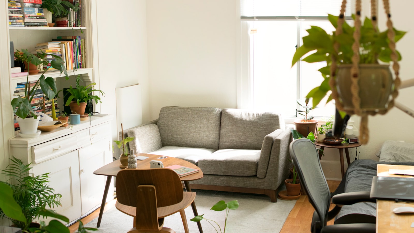 Bright studio with furniture samples and material boards